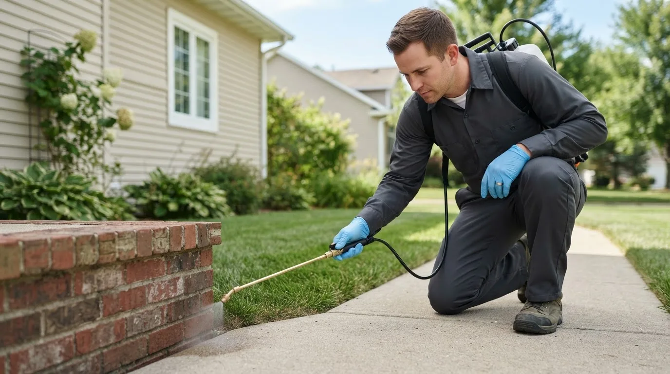Pest control technician treating a home near La Grange, MO